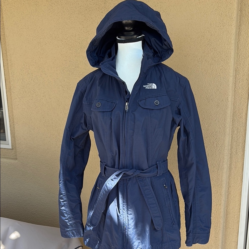 The North Face Blue Utility Jacket with Belted Waist and Hood